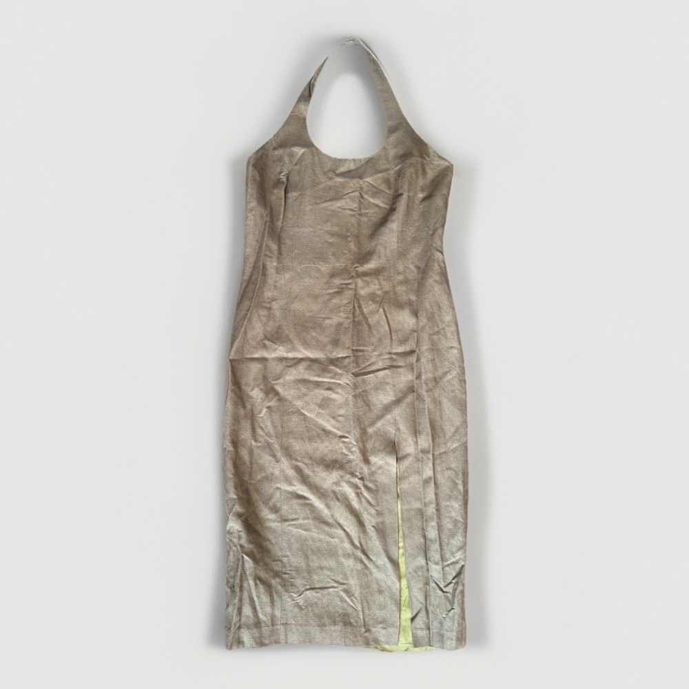 Vintage Gantos Linen Halter Midi Dress Olive Green Minimalist 90s 14 Resortwear - Picture 2 of 12